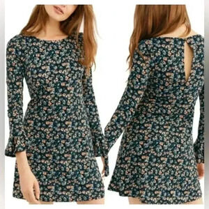 Free People Say Hello Long Sleeve Mini Dress Ditzy Floral Boho Retro Keyhole